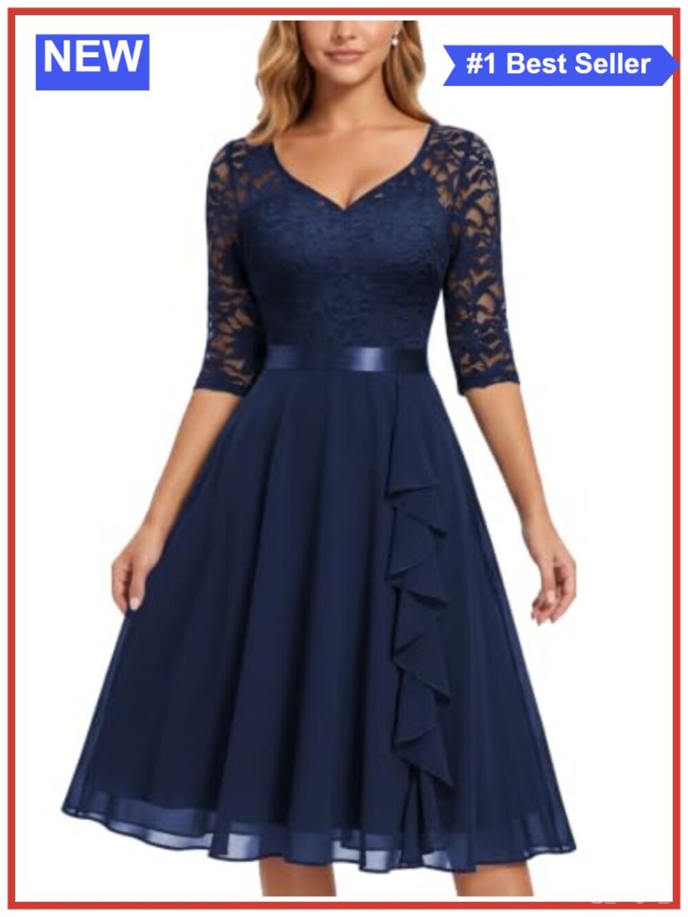 Floral Lace Chiffon V-Neck Half Sleeve Bridesmaid Party Dress